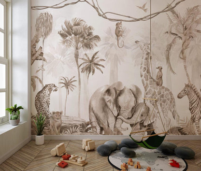 Elephant Family and Jungle Animals Kids Wallpaper, Children and Baby Wallpaper, Beige Wallpaper, Wallpaper Nursery, Wild Jungle Wallpaper