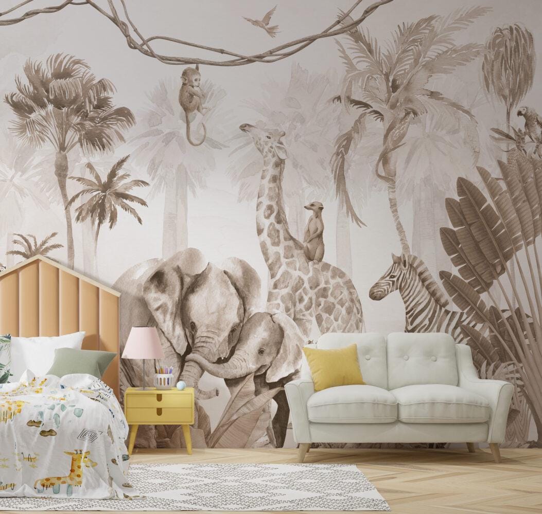 Elephant Family and Jungle Animals Kids Wallpaper, Children and Baby Wallpaper, Beige Wallpaper, Wallpaper Nursery, Wild Jungle Wallpaper