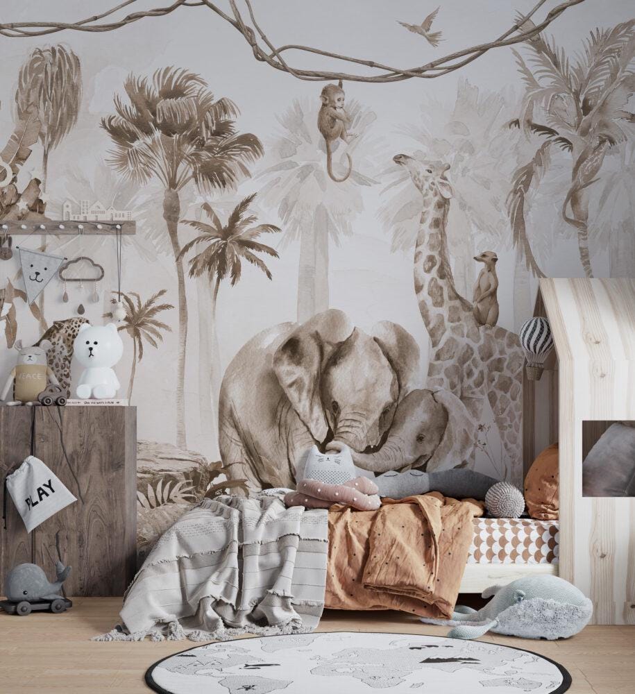 Elephant Family and Jungle Animals Kids Wallpaper, Children and Baby Wallpaper, Beige Wallpaper, Wallpaper Nursery, Wild Jungle Wallpaper