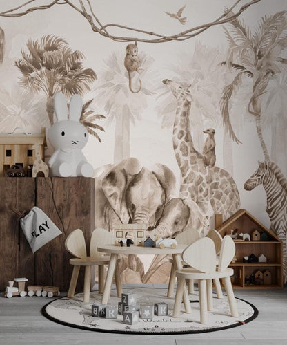 Elephant Family and Jungle Animals Kids Wallpaper, Children and Baby Wallpaper, Beige Wallpaper, Wallpaper Nursery, Wild Jungle Wallpaper
