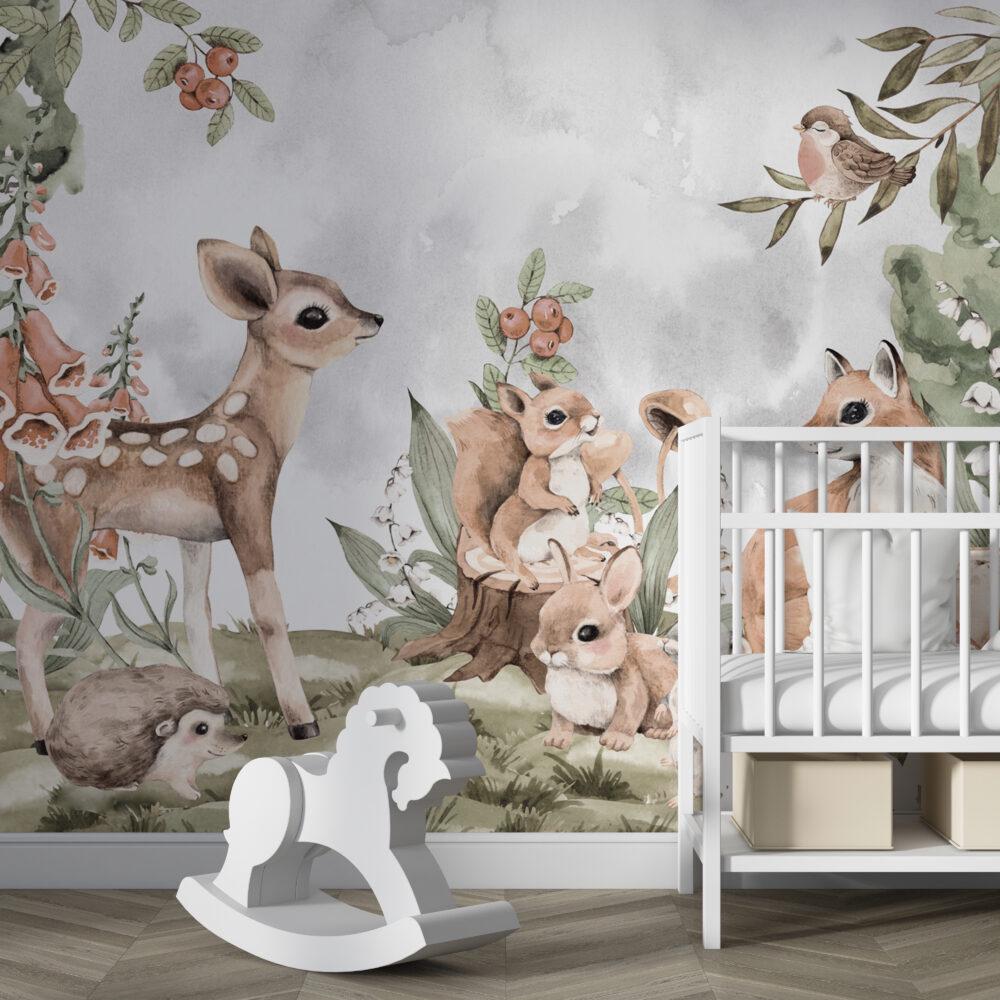Cute Animals in the Forest Wallpaper, Watercolor Wallpaper Nursery , Childrens Wallpaper , Peel and Stick Wallpaper, Gazelle Baby Wallpaper