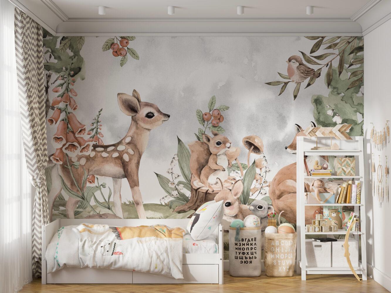 Cute Animals in the Forest Wallpaper, Watercolor Wallpaper Nursery , Childrens Wallpaper , Peel and Stick Wallpaper, Gazelle Baby Wallpaper