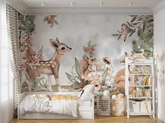 Cute Animals in the Forest Wallpaper, Watercolor Wallpaper Nursery , Childrens Wallpaper , Peel and Stick Wallpaper, Gazelle Baby Wallpaper