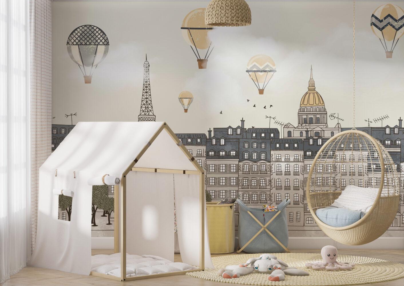 Paris City Wallpaper with Flying Balloons, Town Wallpaper For Kidsroom, Watercolor Wallpaper Nursery, Illustration Childrens Wallpaper