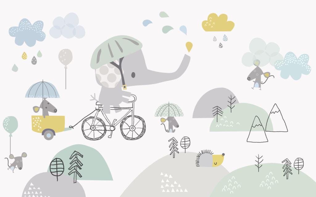 3D Wallpaper with Bicycle Elephant Pattern, Illustration Wallpaper Nursery, Art Child Wallpaper, Colorful Peel and Stick Baby Wallpaper
