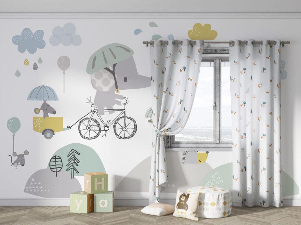 3D Wallpaper with Bicycle Elephant Pattern, Illustration Wallpaper Nursery, Art Child Wallpaper, Colorful Peel and Stick Baby Wallpaper