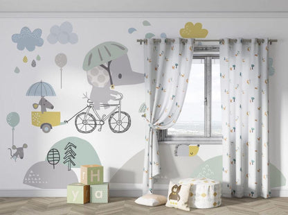 3D Wallpaper with Bicycle Elephant Pattern, Illustration Wallpaper Nursery, Art Child Wallpaper, Colorful Peel and Stick Baby Wallpaper