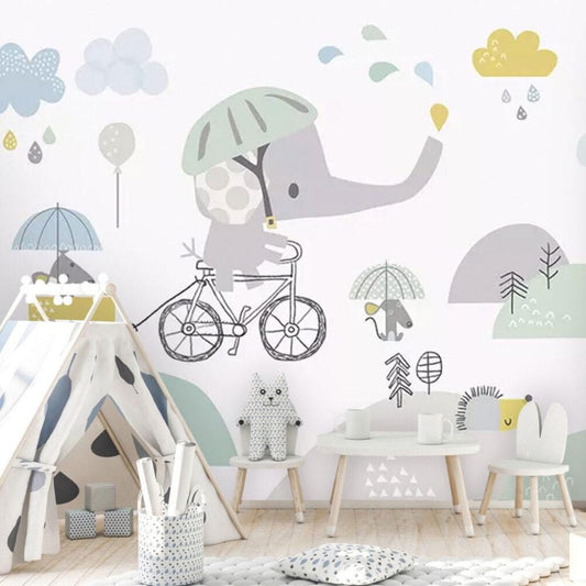 3D Wallpaper with Bicycle Elephant Pattern, Illustration Wallpaper Nursery, Art Child Wallpaper, Colorful Peel and Stick Baby Wallpaper