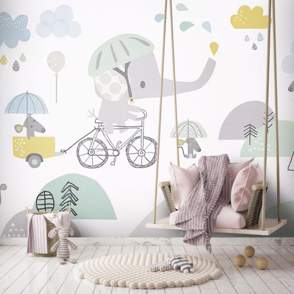 3D Wallpaper with Bicycle Elephant Pattern, Illustration Wallpaper Nursery, Art Child Wallpaper, Colorful Peel and Stick Baby Wallpaper