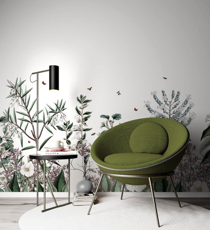 Botanical Garden Plants Flower Wallpaper, Illustration Wallpaper, Peel Stick Watercolor Wallpaper, Mini Flowers Wallpaper, Flowers Mural