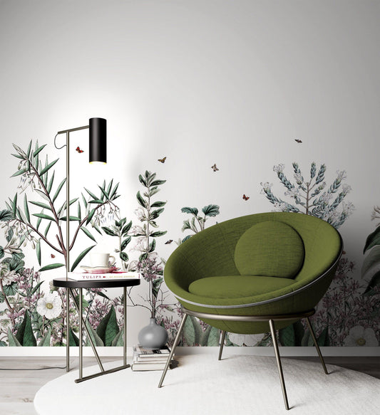 Botanical Garden Plants Flower Wallpaper, Illustration Wallpaper, Peel Stick Watercolor Wallpaper, Mini Flowers Wallpaper, Flowers Mural