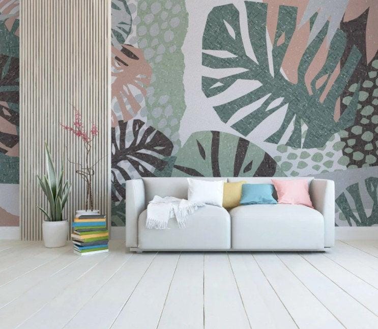 Green Big Leaves Wallpaper, Camelgrass Flower Illustration Wallpaper, Botanical Wallpaper, Modern Wall Mural, Abstract Pattern Wallpaper