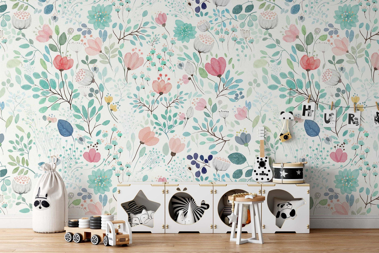 Colorful Flowers Plants Wallpaper on White Background, Illustration Wallpaper, Watercolor Wallpaper, Mini Flowers Wallpaper, Botanical Mural