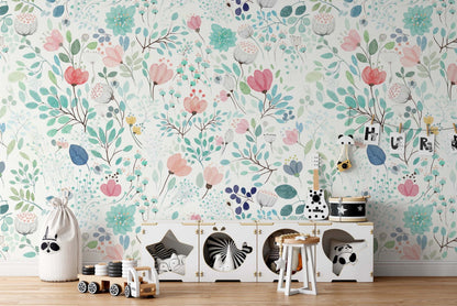 Colorful Flowers Plants Wallpaper on White Background, Illustration Wallpaper, Watercolor Wallpaper, Mini Flowers Wallpaper, Botanical Mural