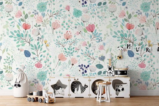 Colorful Flowers Plants Wallpaper on White Background, Illustration Wallpaper, Watercolor Wallpaper, Mini Flowers Wallpaper, Botanical Mural