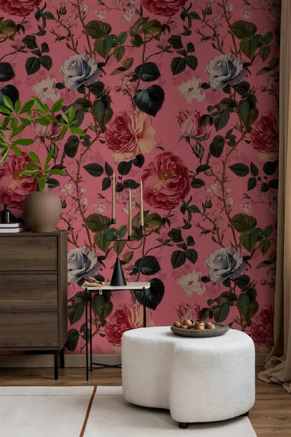 Pink Spring Flowers Wallpaper, Floral Wallpaper, Colourful Romantic Wall Mural, Peel and Stick Wallpaper, Pink Roses Wallpaper, Botany Mural