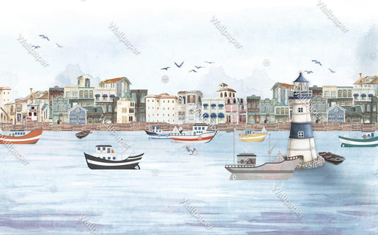 Buildings and Lighthouse Kids Wallpaper,  Seaside Town Wallpaper For Kidsroom, Sea Wallpaper Nursery, Ships and Boats Childrens Wallpaper