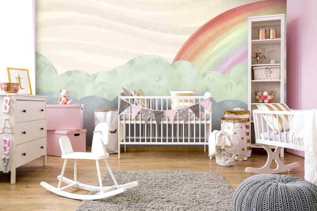 Rainbow and Cloud Pattern Wallpaper For Kidsroom, Watercolor Wallpaper Nursery, Childrens Wallpaper, Illustration Wallpaper, Baby Wallpaper