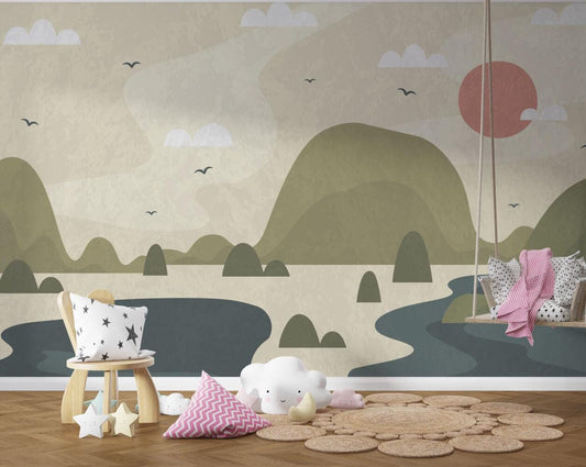 Illustration Lake and Mountain View Children's Wallpaper, 3D Children Wallpaper, Nature Themed Wallpaper Nursery, Watercolor Kid's Mural