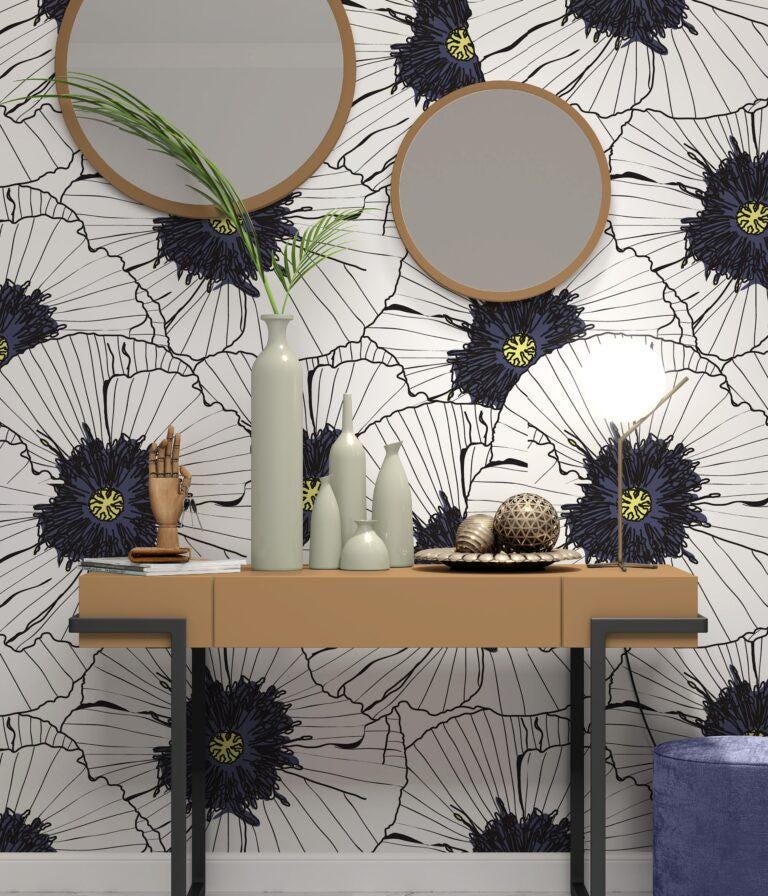 Vector Floral Wallpaper, Illustration Wallpaper, Peel Stick Watercolor Wallpaper, Violet Drawing Wallpaper, Flowers Wallpaper, Flowers Mural