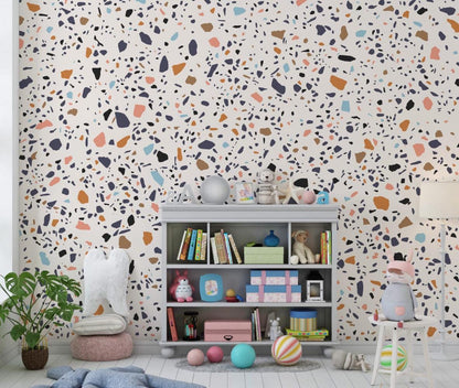 Small Colored Stone Patterns Kids Wallpaper on a White Background, Child Wallpaper, Bright Wallpaper Nursery, Colourful Baby Room Wallpaper