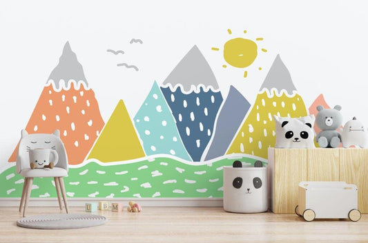 Mountain and Sun Themed 3D Kids Wallpaper, Illustration Lake and Mountain Fun Children's Wallpaper, Colourful Watercolor Wallpaper Nursery