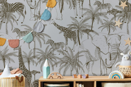Minimalist Safari Kids Wallpaper, Elephant Giraffe Zebra Wallpaper, Jungle Animals Wallpaper Nursery, Baby Wallpaper, Beige Wallpaper