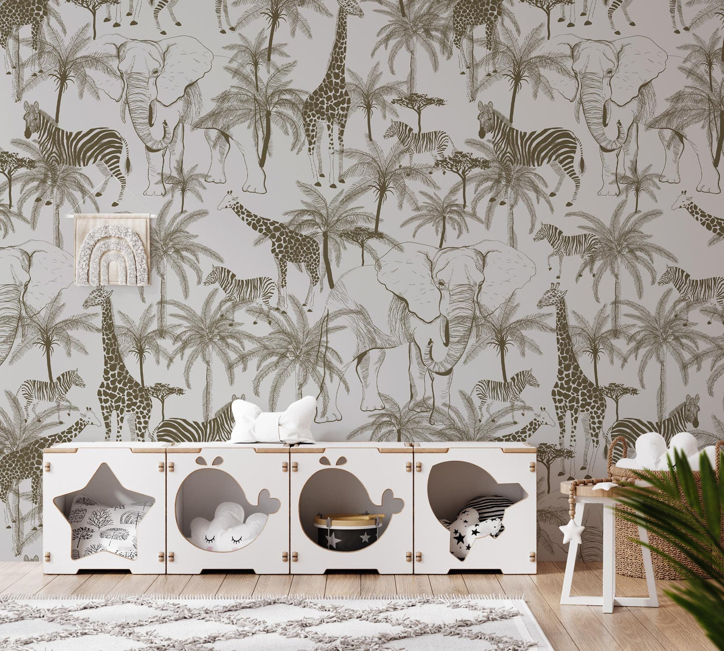 Minimalist Safari Kids Wallpaper, Elephant Giraffe Zebra Wallpaper, Jungle Animals Wallpaper Nursery, Baby Wallpaper, Beige Wallpaper