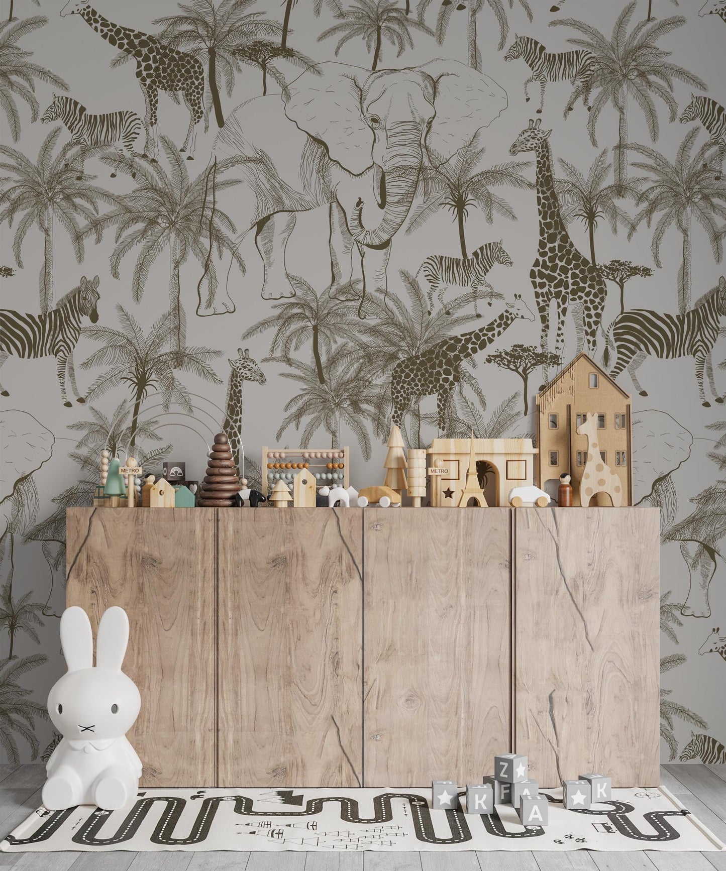 Minimalist Safari Kids Wallpaper, Elephant Giraffe Zebra Wallpaper, Jungle Animals Wallpaper Nursery, Baby Wallpaper, Beige Wallpaper