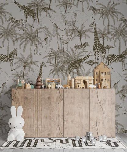 Minimalist Safari Kids Wallpaper, Elephant Giraffe Zebra Wallpaper, Jungle Animals Wallpaper Nursery, Baby Wallpaper, Beige Wallpaper