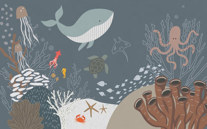 Fishes in the Ocean Kids Wallpaper, Underwater Wallpaper For Kidsroom, Sea Wallpaper Nursery, Blue Whale Peel and Stick Childrens Wallpaper