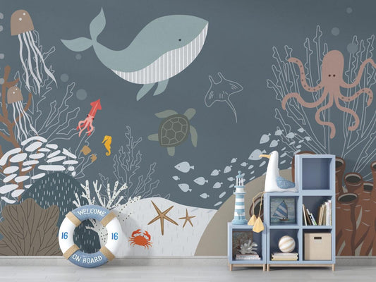 Fishes in the Ocean Kids Wallpaper, Underwater Wallpaper For Kidsroom, Sea Wallpaper Nursery, Blue Whale Peel and Stick Childrens Wallpaper
