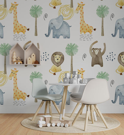 Minimalist Safari Animals Watercolor Wallpaper, Illustration Wallpaper Nursery, Art Child Wallpaper, Colorful Peel and Stick Baby Wallpaper