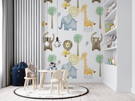 Minimalist Safari Animals Watercolor Wallpaper, Illustration Wallpaper Nursery, Art Child Wallpaper, Colorful Peel and Stick Baby Wallpaper