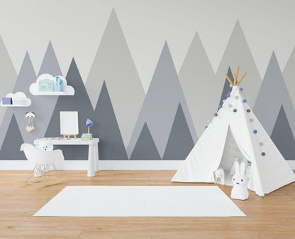 Mountain Figures in Blue Gray Tones Children's Wallpaper, Illustration Mountain Wallpaper, Fun Child Wallpaper, Watercolor Wallpaper Nursery