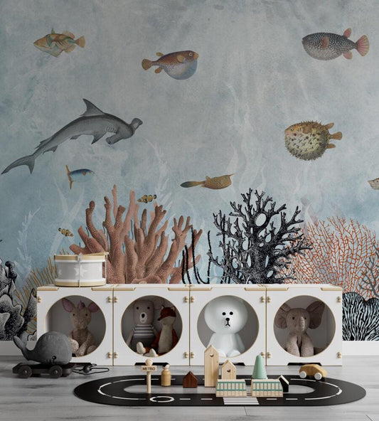 Fish And Sea Plants Wallpaper, Underwater Wallpaper For Kidsroom, Sea Wallpaper Nursery, Blue Childrens Wallpaper, Peel and Stick Wallpaper