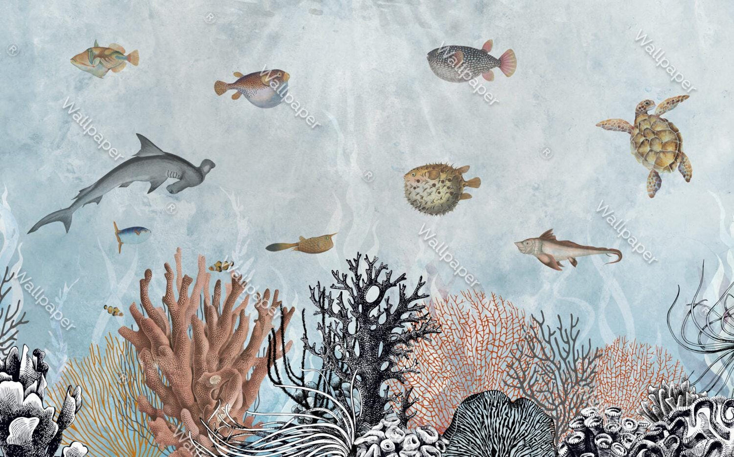 Fish And Sea Plants Wallpaper, Underwater Wallpaper For Kidsroom, Sea Wallpaper Nursery, Blue Childrens Wallpaper, Peel and Stick Wallpaper
