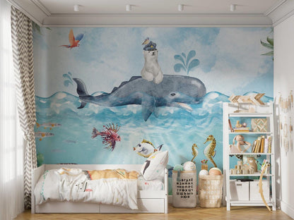 Polar Bear And Whale Wallpaper, Underwater Wallpaper For Kidsroom, Sea Wallpaper Nursery, Blue Childrens Wallpaper, Peel and Stick Wallpaper