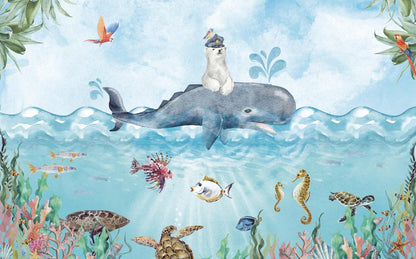 Polar Bear And Whale Wallpaper, Underwater Wallpaper For Kidsroom, Sea Wallpaper Nursery, Blue Childrens Wallpaper, Peel and Stick Wallpaper