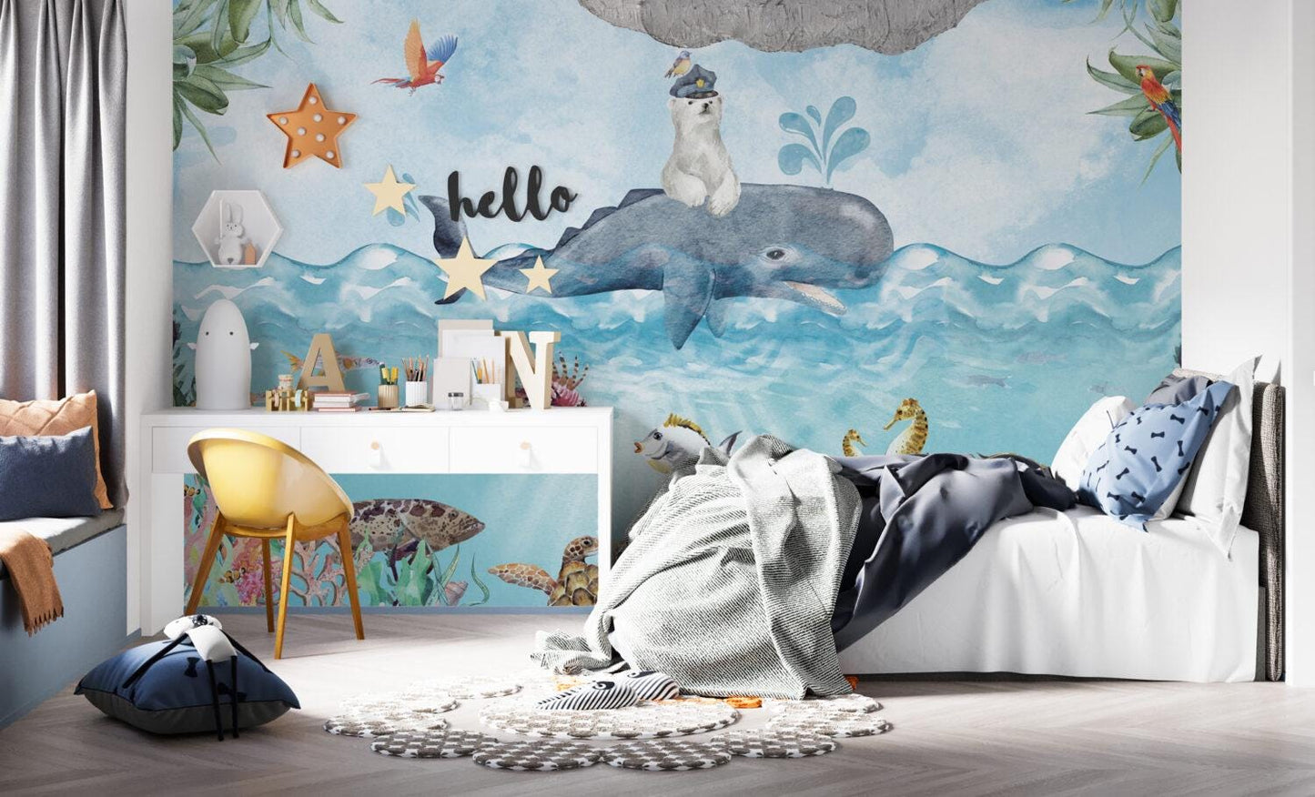 Polar Bear And Whale Wallpaper, Underwater Wallpaper For Kidsroom, Sea Wallpaper Nursery, Blue Childrens Wallpaper, Peel and Stick Wallpaper