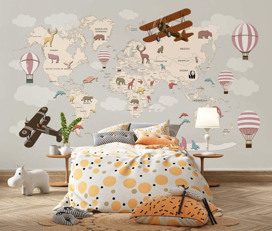World Map Wallpaper with Airplane and Balloons, Children Wallpaper , Peel and Stick Wallpaper Nursery, Baby Mural, World Animals Wallpaper