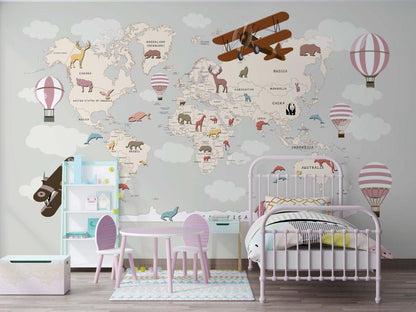 World Map Wallpaper with Airplane and Balloons, Children Wallpaper , Peel and Stick Wallpaper Nursery, Baby Mural, World Animals Wallpaper