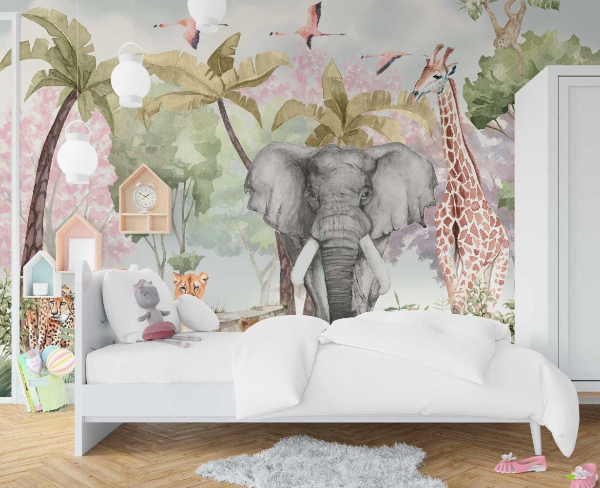 Safari Animals Tropical Wallpaper in Vivid Colors For Kidsroom, Childrens and Baby Wallpaper, Wall Mural Nursery, Wild Jungle Wallpaper