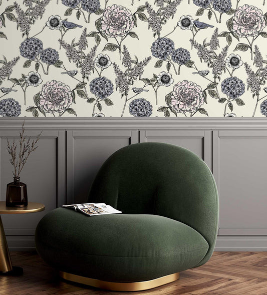 Hydrangea Flowers and Birds Wallpaper, Floral Wallpaper, Romantic Wall Mural, Peel and Stick Wallpaper, Drawing Wallpaper