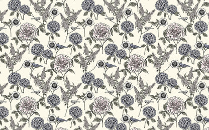 Hydrangea Flowers and Birds Wallpaper, Floral Wallpaper, Romantic Wall Mural, Peel and Stick Wallpaper, Drawing Wallpaper