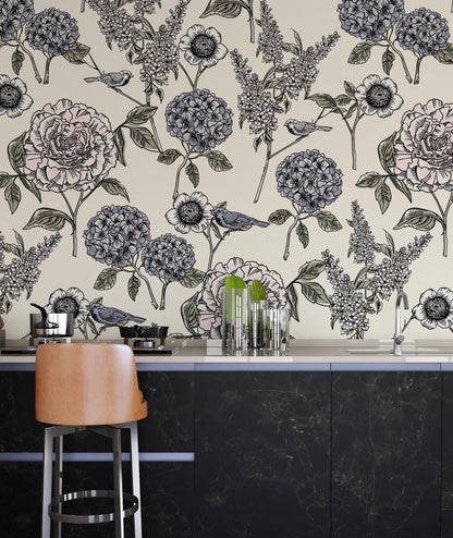 Hydrangea Flowers and Birds Wallpaper, Floral Wallpaper, Romantic Wall Mural, Peel and Stick Wallpaper, Drawing Wallpaper