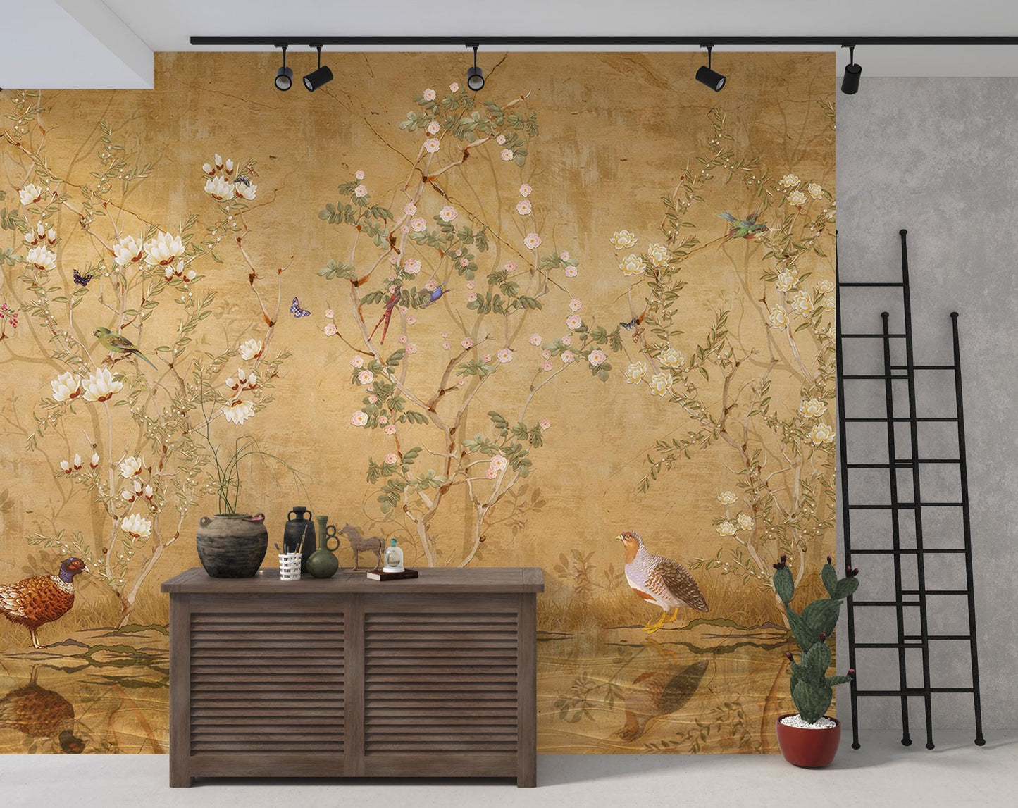 Rose Garden and Nightingale Birds Wallpaper, Floral Wallpaper, Romantic Golden Wall Mural, Peel and Stick Wallpaper, Drawing Wallpaper