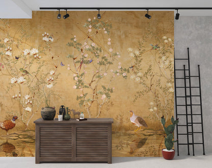 Rose Garden and Nightingale Birds Wallpaper, Floral Wallpaper, Romantic Golden Wall Mural, Peel and Stick Wallpaper, Drawing Wallpaper