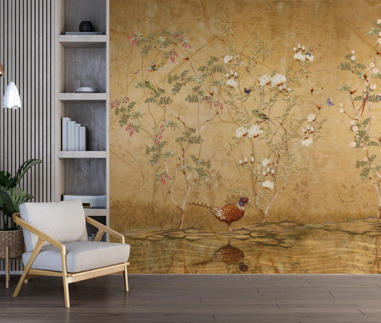 Rose Garden and Nightingale Birds Wallpaper, Floral Wallpaper, Romantic Golden Wall Mural, Peel and Stick Wallpaper, Drawing Wallpaper