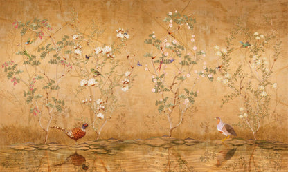 Rose Garden and Nightingale Birds Wallpaper, Floral Wallpaper, Romantic Golden Wall Mural, Peel and Stick Wallpaper, Drawing Wallpaper